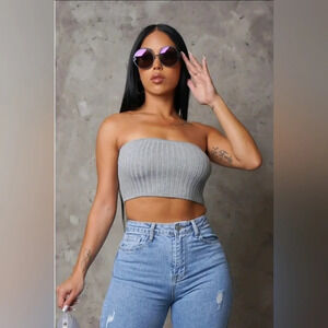 Divine Crop Top - Grey Knit Ruched Womenswear Cropped Nylon Ribbed Tube